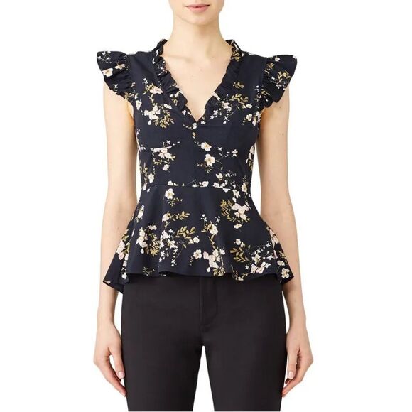 Tome Nyc Tops - Tome NYC Lilian Navy Floral Flutter Sleeve V Neck Top Blouse